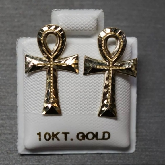 10K Solid Yellow Gold 0.75" Diamond Cut Egyptian Ankh Cross Stud Earrings - Picture 6 of 6